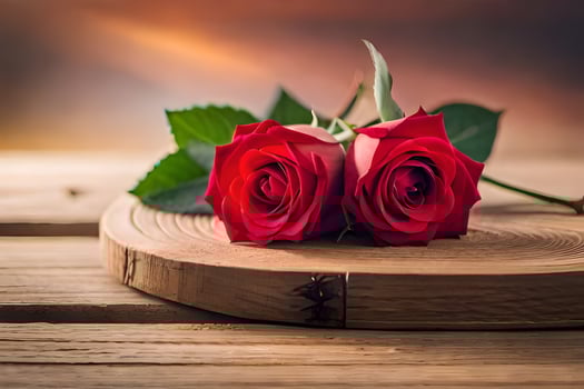 two red roses on a wooden table. AI-Generated photo