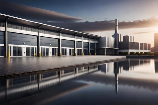 a modern industrial building with a large pool. AI-Generated photo