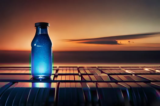 a bottle of water sitting on a table with a sunset in the background. AI-Generated photo