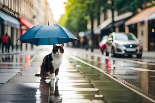 a cat is standing on a wet street with an umbrella. AI-Generated photo