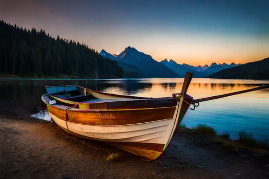 a boat sits on the shore of a lake at sunset. AI-Generated photo