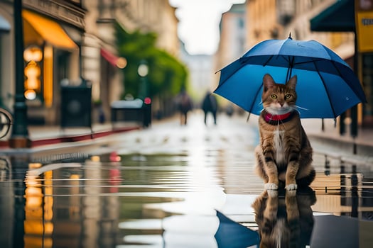 a cat is standing in the rain with an umbrella. AI-Generated photo