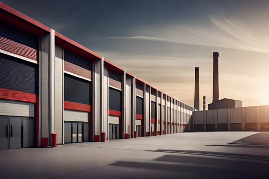 a large warehouse with a large building in the background. AI-Generated photo