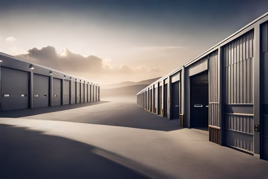 a row of storage units with a sky in the background. AI-Generated photo