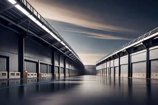 an empty warehouse with a sky background. AI-Generated photo