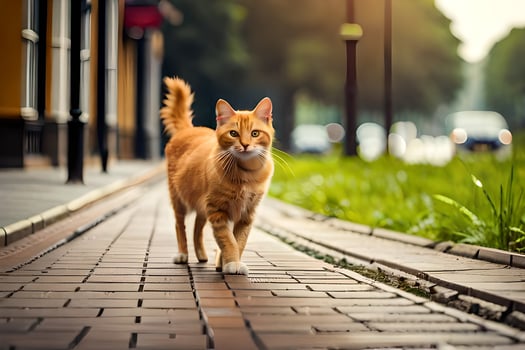 an orange cat walking down a brick road. AI-Generated photo