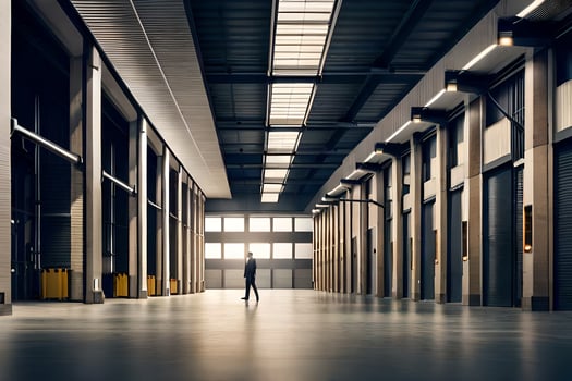 a person walking through an empty warehouse. AI-Generated photo