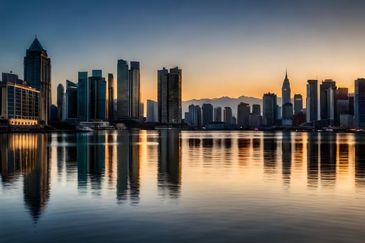 the city skyline is reflected in the water at sunset. AI-Generated photo