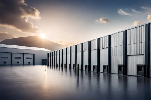 a large warehouse with a sun setting behind it. AI-Generated photo