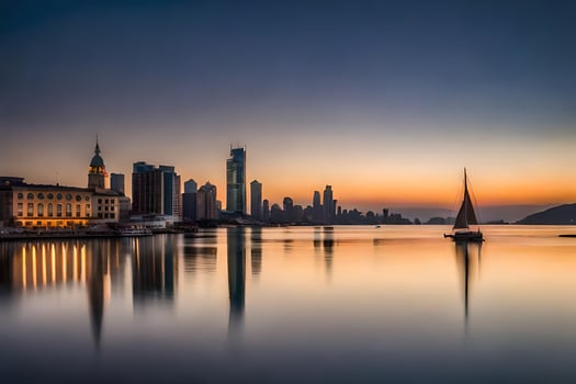 a sailboat is sailing in the water at sunset. AI-Generated photo
