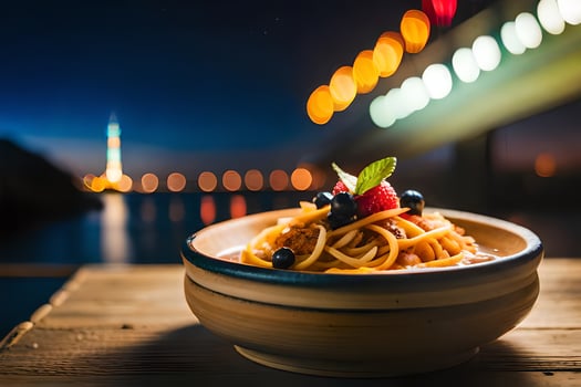 spaghetti with berries and a view of the city. AI-Generated photo