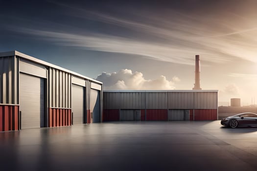the porsche 911 sports car is parked in front of a warehouse. AI-Generated photo