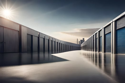 a long hallway with storage units and a sun shining. AI-Generated photo