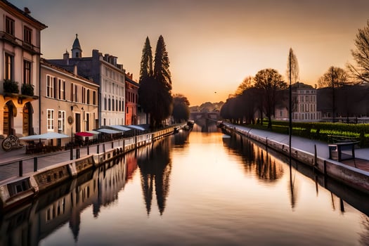 the sun sets over a canal in a city. AI-Generated photo
