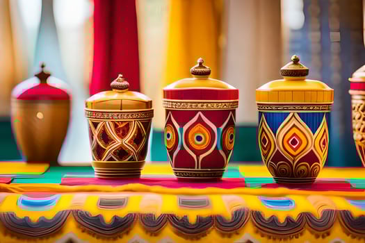 colorful vases on a colorful table cloth. AI-Generated photo