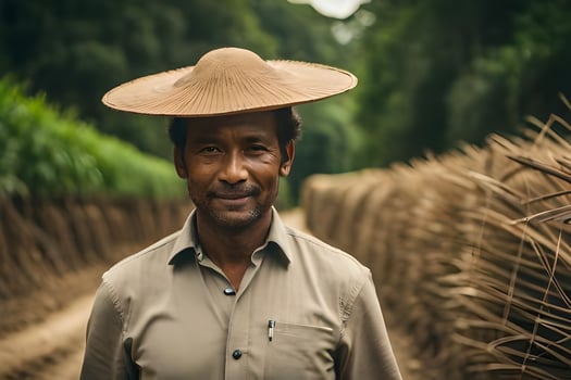 a man wearing a hat stands in a field. AI-Generated photo