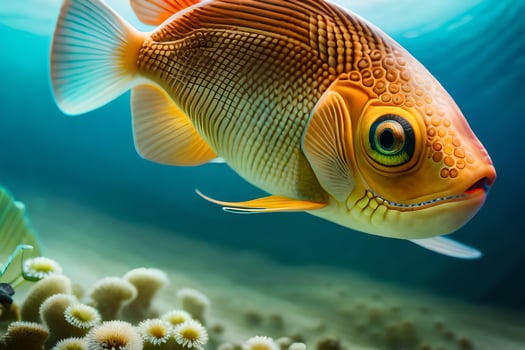 a fish swimming in the ocean with coral. AI-Generated photo