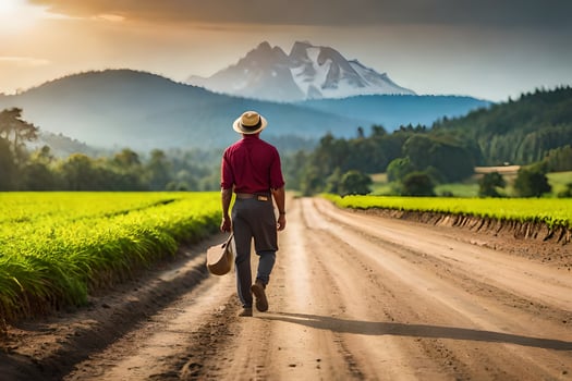 a man walking down a dirt road with a mountain in the background. AI-Generated photo