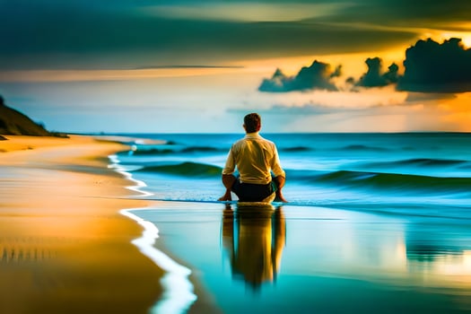 a man sitting on the beach at sunset. AI-Generated photo