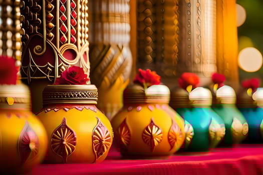 colorful vases lined up on a table with red and gold decorations. AI-Generated photo