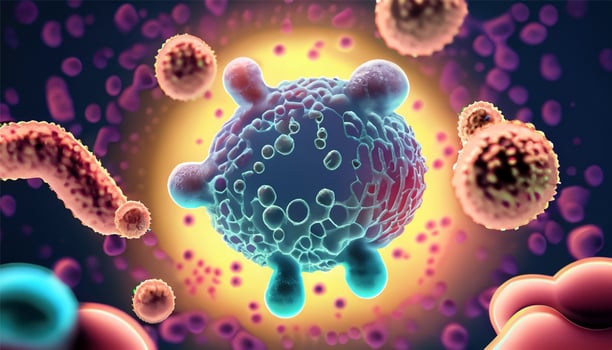 Magnified molecular structure of bacteria causing disease on glowing background photo