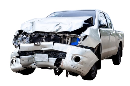 Front of gray or bronze pikup car get damaged by accident on the road. damaged cars after collision. isolated on white background with clipping path photo