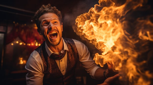 Fire-eater. Daring performer spitting flames with ease photo