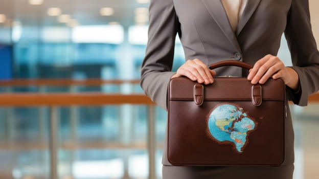 Businesswoman holding world globe and briefcase photo