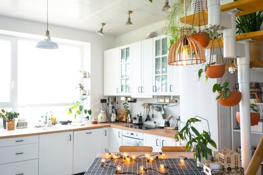 The general plan of a light white modern rustic kitchen with a modular metal staircase decorated with potted plants. Interior of a house with homeplants photo