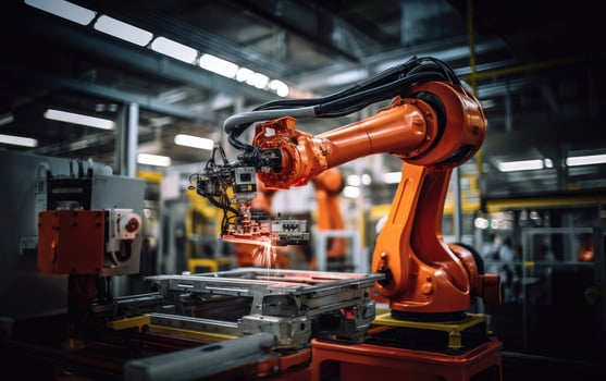 robot arm assembly machine factory workshop sparks photo manufacturing automated production