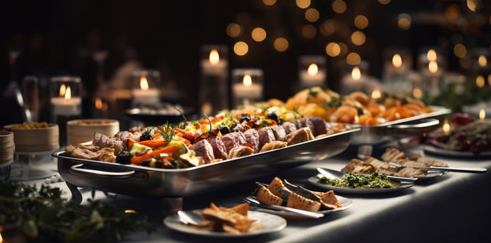 catering buffet food indoor in restaurant with meat colorful fruits and vegetables. AI Generative photo