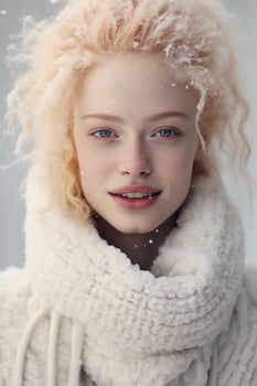 Ai generated portrait of beautiful smiling young albino woman standing under snowing photo