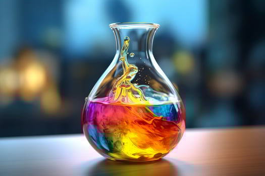 Close Up of a Science Beaker Filled with Multi Colored Liquids. AI Generative photo