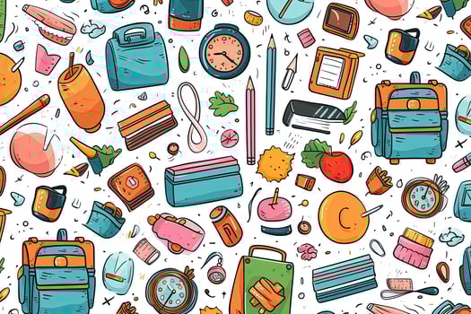 Seamless pattern with hand drawn school supplies illustration. Back to school doodle seamless pattern. Hand drawn background with school supplies and creative elements, AI Generated photo