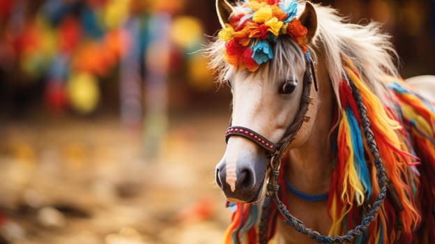 Close-up of a hobbyhorse with a colorful mane and reins photo