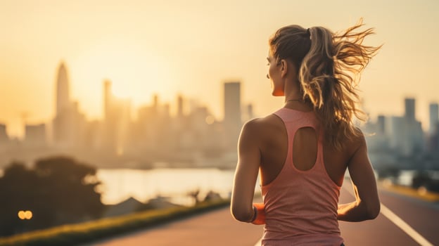 Woman jogging with city skyline in the distance photo