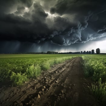 Stormy sky green field photo