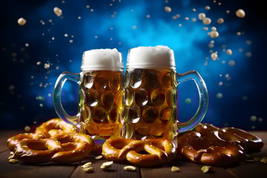 Oktoberfest traditional beer mugs and pretzels on a wooden table at blue background. photo