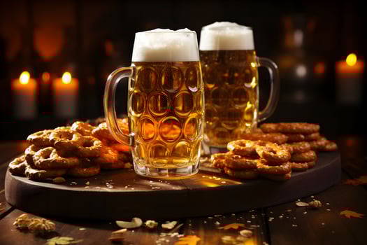 Oktoberfest beer mugs and pretzels on a wooden table, dark cozy background. photo