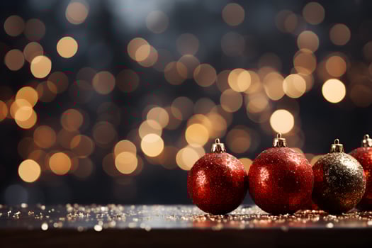 Christmas sparkling gold and red balls with glitter lights and blurred background. Festive mockup banner with creative bauble decoration and copy space. photo