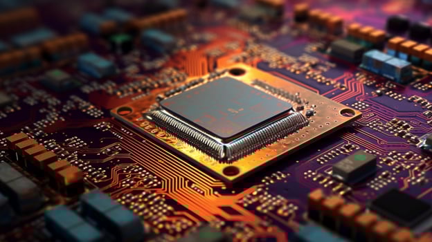 AI Generative. Close-up exploration of computer chip circuitry photo