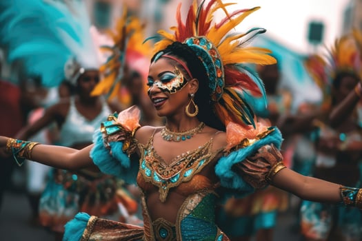 A beautiful woman dancing on the streets during Brazilian Carnival ,Generative AI photo