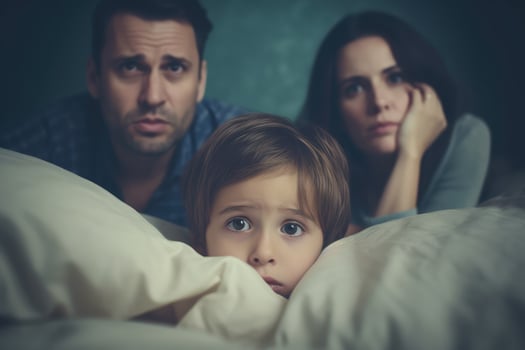 Family watching a horror movie bedroom at home,Generative AI. photo