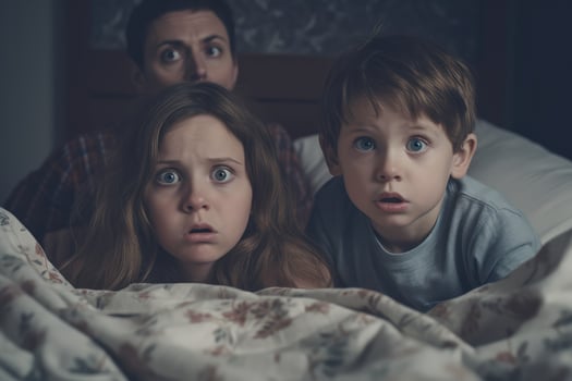 Family watching a horror movie bedroom at home,Generative AI. photo
