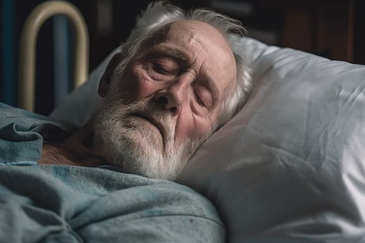 Old years man patient sleeping on bed in hospital ward. Health care ,Generative AI. photo