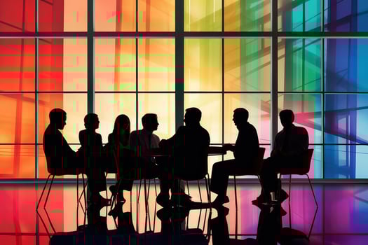 Silhouettes of team in a meeting room with a colorful window behind the,Generative AI. photo