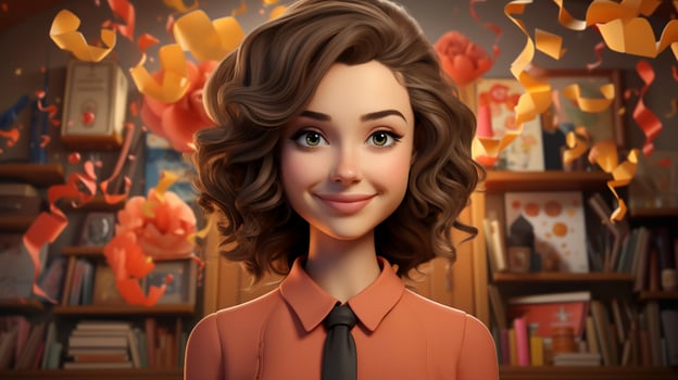 AI-Generated Beautiful young primary school teacher at school in the office in a cartoon bright style photo