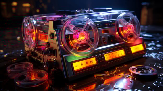Old stylish vintage audio retro music cassette tape recorder poster from the 80s 90s photo