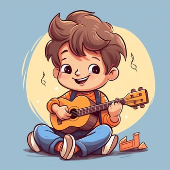 Cute boy playing guitar and listening to music with headset in cartoon style. Youth day or music day concept by AI Generated photo