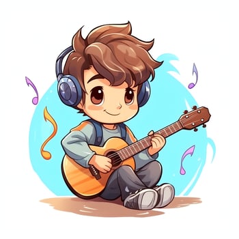 Cute boy playing guitar and listening to music with headset in cartoon style. Youth day or music day concept by AI Generated photo